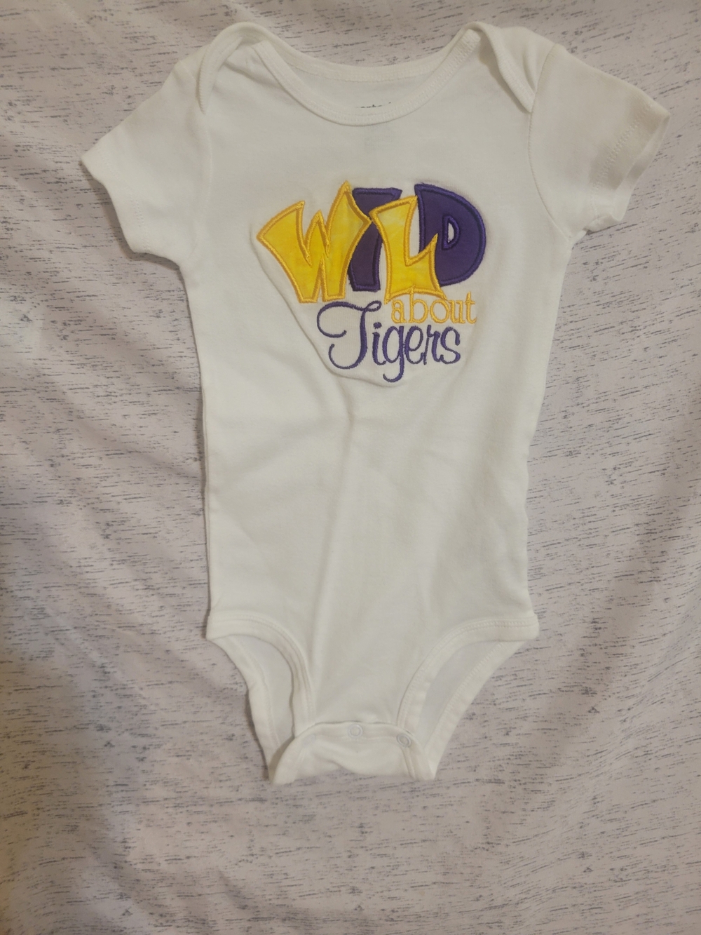 Carter's White Onesie with Yellow & Purple 'Wild About Tigers' LSU fan Applique